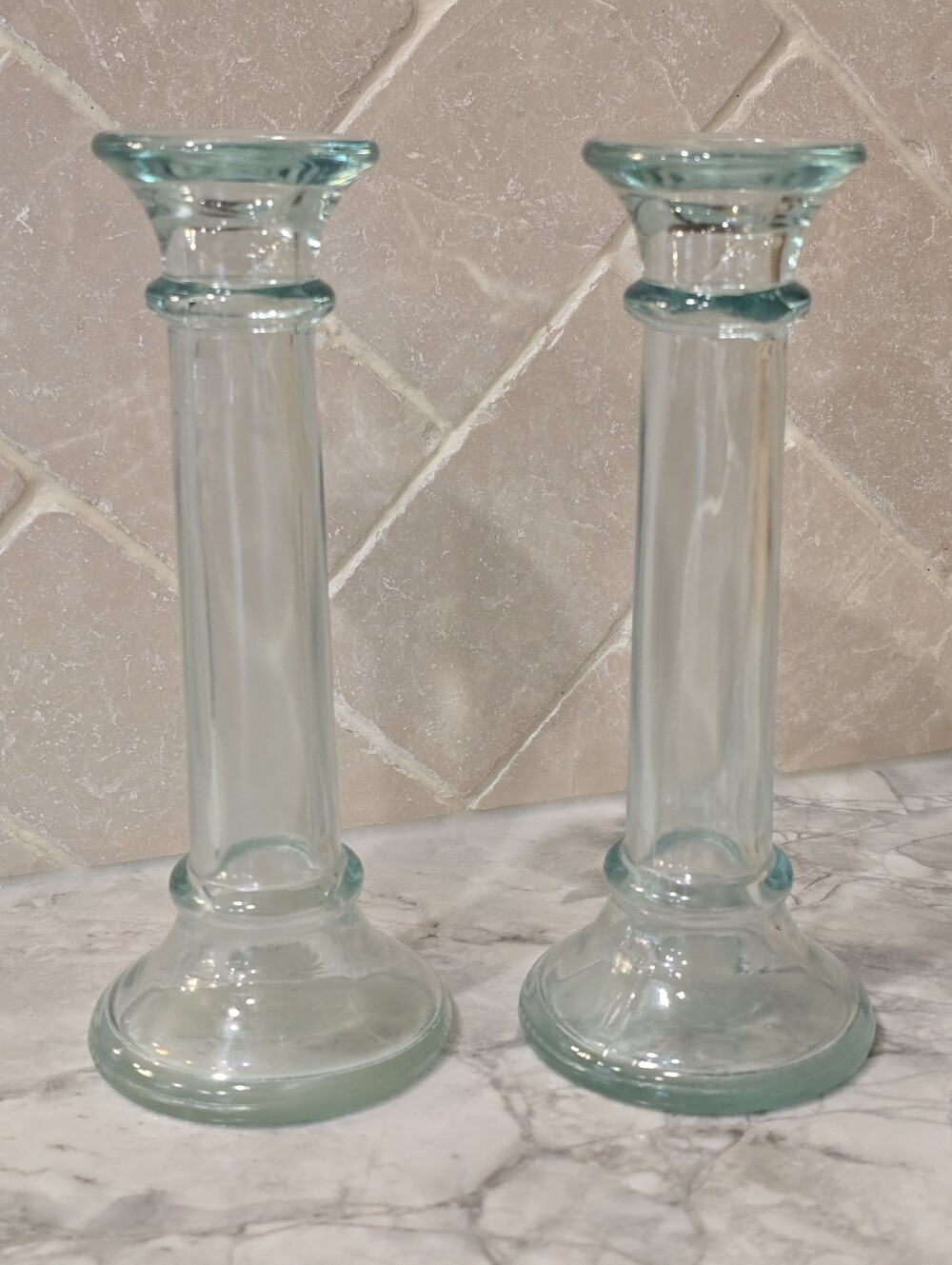 Vintage Pair Of Vetreria Etrusca Green Art Glass Vases Candle Sticks Holders
